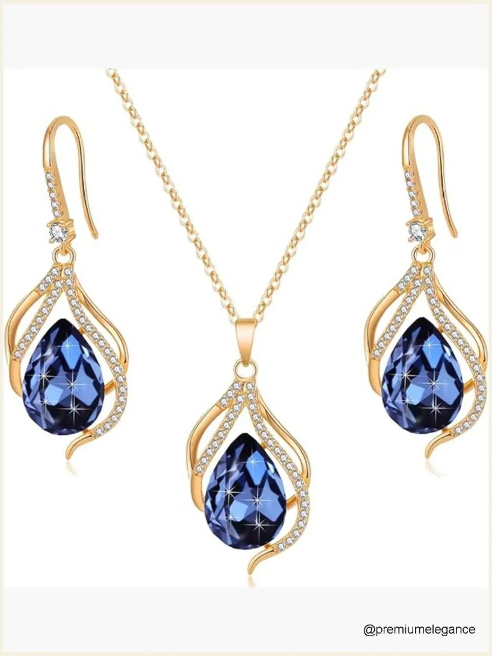Austrian Crystal Teardrop Pendant Necklace and Drop Earrings Set 14K Gold Plated